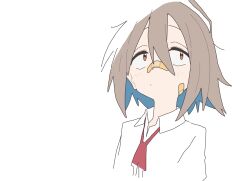 Rule 34 | 1girl, bandaid, bandaid on cheek, bandaid on face, bandaid on nose, brown eyes, brown hair, do it yourself!!, dot mouth, highres, looking to the side, medium hair, messy hair, necktie, red necktie, ri 6n, shirt, simple background, sketch, solo, upper body, white background, white shirt, yua serufu