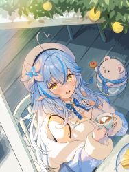 Rule 34 | 1girl, ahoge, akamoku, bare shoulders, beret, blouse, blue bow, blue bowtie, blue coat, blue hair, blush, bow, bowtie, braid, breasts, cake, center frills, cleavage, cleavage cutout, clothing cutout, coat, colored tips, cup, daifuku (yukihana lamy), elf, flower, food, frilled shirt, frills, fur-trimmed coat, fur trim, hair between eyes, hair flower, hair ornament, hat, heart, heart ahoge, highres, holding, holding cup, hololive, large breasts, long hair, looking at viewer, multicolored hair, off shoulder, open mouth, pointy ears, shirt, signature, sitting, sleeveless, sleeveless shirt, smile, snowflake hair ornament, solo, streaked hair, twitter username, very long hair, virtual youtuber, white hat, white shirt, yellow eyes, yukihana lamy