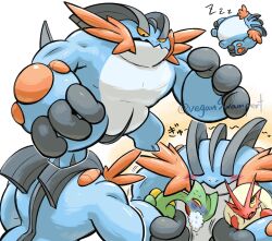 Rule 34 | artist name, blaziken, blue skin, colored skin, creatures (company), game freak, gen 3 pokemon, happy, highres, hug, injury, looking at another, mega pokemon, mega swampert, multiple views, muscular, nintendo, no humans, open mouth, pokemon, pokemon (creature), sceptile, serious, sharp teeth, sleeping, swampert, teeth, translation request, trembling, veganswampert, yellow background, zzz