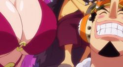 Rule 34 | 1girl, 2boys, accidental pervert, animated, animated gif, blush, breasts, cleavage, grin, head out of frame, huge breasts, large breasts, looking up, military vehicle, motor vehicle, multiple boys, nami (one piece), one piece, orange hair, shiny skin, smile, tank, usopp
