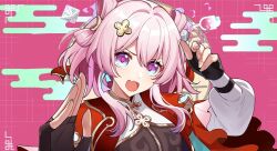 1girl :d black_gloves chinese_clothes earrings fang fingerless_gloves gloves gradient_eyes hair_between_eyes hair_ornament hao_(vocaloid) honkai:_star_rail honkai_(series) hoxino jewelry looking_at_viewer march_7th_(honkai:_star_rail) march_7th_(hunt)_(honkai:_star_rail) multicolored_eyes open_mouth pink_eyes pink_hair purple_eyes shuangyaji smile solo upper_body