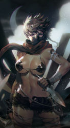 Rule 34 | 1girl, absurdres, bag, bandages, bikini, braid, breasts, character request, chromatic aberration, cleavage, covered erect nipples, covered mouth, cowboy shot, dagger, fingerless gloves, gloves, highres, holding, holding bag, holding dagger, holding knife, holding weapon, jewelry, knife, mabinogi duel, moon, navel, nessi, reverse grip, scarf, sheath, short hair, short shorts, shorts, skindentation, solo, swimsuit, tattoo, weapon