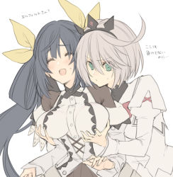 Rule 34 | 2girls, blue hair, blush, breasts, closed eyes, dizzy (guilty gear), dress, elphelt valentine, green eyes, grey hair, groping, guilty gear, guilty gear xrd, hair ribbon, hair rings, large breasts, laughing, long hair, maid, maka (morphine), medium hair, multiple girls, ribbon, spikes, sweatdrop, translation request, twintails, yellow ribbon