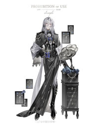 Rule 34 | 1boy, absurdres, alternate costume, ascot, ban tang siji qing, black capelet, black corset, black footwear, black gloves, black robe, black shirt, blue flower, blue gemstone, blue rose, boots, brooch, cael anselm, capelet, corset, cup, drawer, fish bone, flower, full body, gem, glint, gloves, grey hair, grey pants, grey shawl, hair between eyes, hair ornament, high heel boots, high heels, highres, holding, holding cup, jewelry, knee boots, lace, lace shirt, lid, long bangs, long hair, long sleeves, looking at viewer, lovebrush chronicles, male focus, mug, necklace, pants, parted lips, pearl (gemstone), pearl necklace, phonograph, picture frame, purple eyes, red pupils, robe, rose, sample watermark, shawl, shirt, side slit, simple background, smile, solo, standing, unworn jewelry, watermark, weibo logo, weibo watermark, white ascot, white background