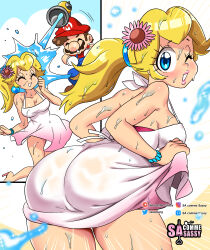 Rule 34 | 1boy, 1girl, absurdres, ass, bare shoulders, blonde hair, blue background, blue eyes, bracelet, breasts, cleavage, collarbone, comic, dress, f.l.u.d.d., facial hair, from behind, gradient dress, hair ornament, hat, highres, jewelry, large breasts, lips, long hair, looking at viewer, looking back, mario, mario (series), multiple views, mustache, nintendo, one eye closed, open mouth, pink dress, ponytail, princess peach, red headwear, sasa tseng, smile, sundress, super mario sunshine, water, wet, wet clothes, white background, white dress, yellow background