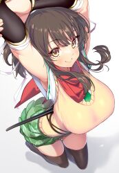 Rule 34 | 1girl, absurdres, arched back, arm guards, armor, armpits, arms up, asuka (senran kagura), bandaged arm, bandages, black hair, black thighhighs, blush, breasts, brown eyes, brown hair, checkered clothes, checkered skirt, gradient background, green skirt, grey background, hair between eyes, hair ribbon, highres, hong (white spider), japanese armor, kote, kurokote, large breasts, loafers, looking at viewer, making-of available, miniskirt, paid reward, plaid, plaid skirt, pleated skirt, ponytail, red scarf, ribbon, scarf, school uniform, senran kagura, senran kagura shoujo-tachi no shin&#039;ei, sheath, sheathed, shoes, short hair, short ponytail, short sleeves, sidelocks, skirt, smile, solo, stretching, sweater, sweater vest, sword, thighhighs, thighs, vest, wakizashi, weapon, white background, white ribbon, yellow vest