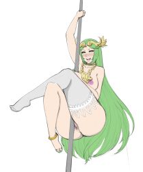 Rule 34 | anus, blush, breasts, cleft of venus, crotch rub, green eyes, green hair, highres, jewelry, kid icarus, large breasts, lm (legoman), nail polish, naughty face, nintendo, nipples, palutena, pole, pole dancing, pussy, single thighhigh, smile, tagme, thighhighs, uncensored