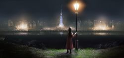 Rule 34 | 1girl, building, city lights, cityscape, from behind, grass, lake, lamppost, night, original, outdoors, reflection, scenery, solo, tokyo tower, volvox819, water