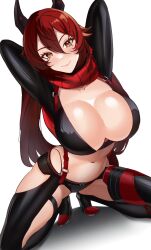 Rule 34 | 1girl, bodysuit, breasts, cleavage, goddess of victory: nikke, hair between eyes, highres, hip vent, horns, large breasts, leather, leather pants, long hair, long sleeves, looking at viewer, mechanical horns, navel, pants, red hair, red hood (nikke), red scarf, scarf, shiny clothes, skin tight, smile, solo, volyz, yellow eyes