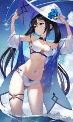Rule 34 | 1girl, alternate costume, armpits, arms up, bare shoulders, bikini, bird, black choker, black hair, blue flower, blue sky, blush, breasts, choker, cleavage, cloud, cloudy sky, contrail, cross-laced bikini, cross-laced clothes, day, floating hair, flower, genshin impact, gluteal fold, gold trim, green eyes, hair between eyes, halterneck, hands on headwear, hat, hat flower, hat ornament, highres, lens flare, long hair, looking to the side, medium breasts, mona (genshin impact), navel, off shoulder, outdoors, parted lips, partially underwater shot, pointy hat, scottie (phantom2), short sleeves, sidelocks, skindentation, sky, solo, sparkle print, standing, star (symbol), star choker, star hat ornament, stomach, swept bangs, swimsuit, thigh strap, thighs, twintails, two-tone bikini, wading, water, water drop, wet, white bikini, white hat, witch hat