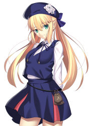 Rule 34 | 1girl, absurdres, alternate costume, arms behind back, artoria caster (fate), artoria pendragon (fate), blonde hair, blue bow, blue hat, blue ribbon, blue skirt, blue vest, bow, collared shirt, commentary request, contemporary, fate/grand order, fate (series), green eyes, hair between eyes, hair bow, hat, highres, long hair, long sleeves, looking at viewer, mishiro (ixtlolton), neck ribbon, ribbon, shirt, sidelocks, simple background, skirt, solo, twintails, vest, white background, white shirt