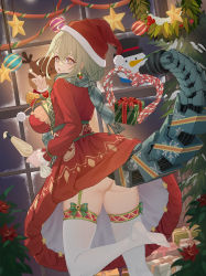 Rule 34 | 1girl, :q, ass, bell, blue eyes, box, braid, breasts, christmas, christmas ornaments, christmas tree, de lacey (neural cloud), dress, earrings, food, food on face, from behind, garter straps, gift, gift box, girls&#039; frontline, girls&#039; frontline neural cloud, green hair, green scarf, hat, highres, icing, jewelry, jingle bell, large breasts, leg up, licking lips, looking at viewer, looking back, mechanical tail, mole, mole under mouth, moran (pixiv27824646), multicolored eyes, no panties, no shoes, pastry bag, red dress, red eyes, santa hat, scarf, smile, soles, solo, symbol-shaped pupils, tail, thighhighs, tongue, tongue out, white thighhighs, window, x-shaped pupils