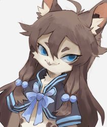 Rule 34 | 1girl, ahoge, animal ear fluff, animal ears, beak, blue eyes, body fur, brown hair, cat ears, cat girl, commentary, english commentary, eulette (sui (suizilla)), furry, furry female, grey background, hair between eyes, highres, hybrid, long hair, looking at viewer, original, owl girl, simple background, solo, sui (suizilla), upper body