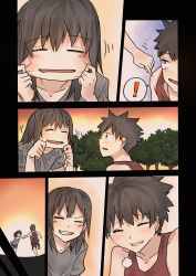 Rule 34 | !, 1boy, 1girl, = =, araido kagiri, blush, comic, grin, highres, laughing, looking at another, motion lines, original, outdoors, running, shirt, silent comic, smile, spoken exclamation mark, stretching, sunset, v-shaped eyebrows
