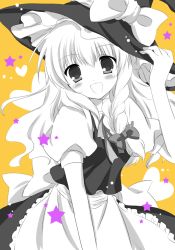 Rule 34 | 1girl, bad id, bad pixiv id, blush, braid, female focus, hat, heart, kirisame marisa, long hair, looking at viewer, monochrome, open mouth, touhou, white-brown, witch hat
