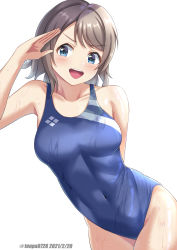 Rule 34 | 1girl, arm behind back, blue eyes, blue one-piece swimsuit, breasts, commentary request, competition swimsuit, cowboy shot, dated, grey hair, highres, love live!, love live! sunshine!!, medium breasts, one-piece swimsuit, open mouth, salute, short hair, simple background, sky, swimsuit, teeth, tenpa (tenpa2190), twitter username, upper teeth only, watanabe you, wet, wet clothes, wet swimsuit, white background