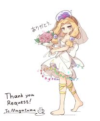 Rule 34 | 1girl, alternate costume, back bow, bare legs, barefoot, blonde hair, boutique, bow, breasts, cleavage, closed mouth, collarbone, commentary request, commission, dress, flower, forehead, full body, happy, highres, leg ribbon, looking at viewer, magatama, medium hair, pink flower, pink rose, primsla, ribbon, rose, simple background, small breasts, smile, solo, standing, tamatsukuri misumaru, tiara, touhou, translated, waist bow, wedding dress, white background, white dress, yellow eyes, yellow ribbon