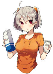 Rule 34 | 1girl, :o, ahoge, bad id, bad pixiv id, blush, cropped torso, cup, drinking glass, grey hair, hair between eyes, holding, holding cup, ikeuchi tanuma, milk carton, open mouth, orange shirt, parted lips, red eyes, shirt, simple background, solo, twintails, upper body, white background