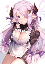 Rule 34 | 1girl, apron, black sweater, blue eyes, bow, braid, breasts, candy, chocolate, chocolate heart, cleavage, cleavage cutout, clothing cutout, commentary request, draph, finger to own chin, food, frilled apron, frills, granblue fantasy, hair bow, hair ornament, hair over one eye, hand up, heart, heart cutout, heart hair ornament, highres, horns, large breasts, long hair, looking at viewer, maosame, narmaya (granblue fantasy), narmaya (valentine) (granblue fantasy), open mouth, pointy ears, purple bow, ribbed sweater, single braid, sitting, smile, solo, sweater, teeth, turtleneck, turtleneck sweater, valentine, very long hair, white apron, wooden floor
