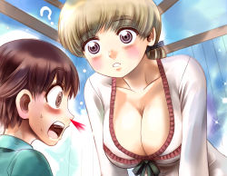 Rule 34 | 2girls, ?, blood, blouse, blue eyes, blush, breasts, brown hair, cleavage, collarbone, hosoinogarou, indoors, large breasts, lingerie, looking at another, looking at breasts, lynette bishop, miyafuji yoshika, multiple girls, negligee, nosebleed, open mouth, parted lips, shirt, short hair, strike witches, sweat, teeth, underwear, upper teeth only, world witches series, yuri