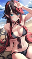Rule 34 | 1girl, alternate costume, arm pillow, arm up, balflear (oe19nlud), beach, bikini, black bikini, black hair, blue eyes, blush, breasts, cleavage, closed mouth, cloud, commentary, cowboy shot, day, demon girl, demon horns, demon tail, ear piercing, earrings, eyewear hang, eyewear hang, unworn eyewear, hair between eyes, highres, horns, jewelry, large breasts, long bangs, long hair, looking at viewer, multicolored hair, nanashi inc., navel, ocean, outdoors, piercing, pointy ears, red hair, ryugasaki rene, sand, sitting, smile, solo, split mouth, sun, sunglasses, swimsuit, tail, two-tone hair, virtual youtuber, water