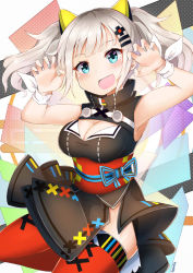 Rule 34 | 1girl, :d, armpits, arms up, artist name, bare shoulders, black dress, blue eyes, blush, breasts, claw pose, cleavage, cleavage cutout, clothing cutout, commentary, dress, hair ornament, hairclip, head tilt, kaguya luna, large breasts, long hair, obi, open mouth, red thighhighs, sash, sidelocks, silver hair, sleeveless, sleeveless dress, smile, solo, sylphine, the moon studio, thighhighs, twintails, virtual youtuber