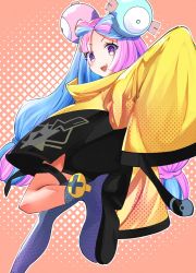 Rule 34 | 1girl, absurdres, akatoshu, bow-shaped hair, character hair ornament, creatures (company), game freak, grey pantyhose, hair ornament, hexagon print, highres, iono (pokemon), jacket, long hair, low-tied long hair, nintendo, oversized clothes, pantyhose, pokemon, pokemon sv, sharp teeth, single leg pantyhose, sleeves past fingers, sleeves past wrists, solo, teeth, very long sleeves, x, yellow jacket