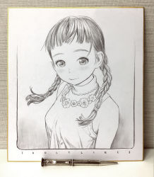 Rule 34 | 1girl, absurdres, art tools in frame, bare shoulders, border, braid, breasts, closed mouth, floating hair, flower, flower necklace, graphite (medium), greyscale, hair over shoulder, highres, jewelry, light smile, long hair, looking at viewer, mechanical pencil, monochrome, murata range, necklace, original, pencil, shikishi, shirt, sleeveless, sleeveless shirt, small breasts, solo, traditional media, turtleneck, twin braids, upper body