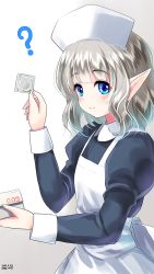 Rule 34 | 1girl, ?, apron, blue eyes, blush, closed mouth, condom, condom box, condom wrapper, dated, elf, from side, hat, holding, juliet sleeves, long sleeves, nurse cap, original, pointy ears, puffy sleeves, short hair, silver hair, smile, solo, two-tone background, upper body, white apron, yamaguchi yuu