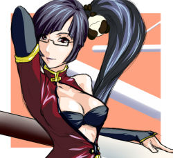 Rule 34 | 1girl, arc system works, black bra, black hair, blazblue, blazblue: calamity trigger, bra, breasts, china dress, chinese clothes, cleavage, dress, female focus, glasses, lao jiu, lingerie, litchi faye ling, long hair, ponytail, red eyes, solo, underwear, uyorl