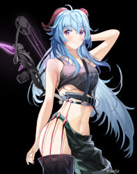 Rule 34 | 1girl, absurdres, ahoge, alternate costume, bare arms, bare shoulders, black background, blue hair, blush, bow (weapon), breasts, closed mouth, cowboy shot, derlyt, ganyu (genshin impact), genshin impact, highres, horns, long hair, looking at viewer, medium breasts, midriff, navel, purple eyes, simple background, sleeveless, smile, solo, underboob, very long hair, weapon