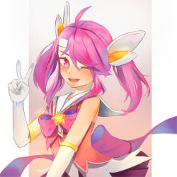 Rule 34 | 1girl, alternate costume, alternate hair color, alternate hairstyle, choker, elbow gloves, female focus, gloves, highres, league of legends, lux (league of legends), magical girl, one eye closed, pink hair, pleated skirt, purple skirt, ribbon, skirt, solo, star guardian (league of legends), star guardian lux, tiara, twintails, white gloves, wink