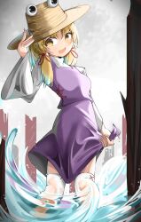 Rule 34 | 1girl, absurdres, blonde hair, bright pupils, brown headwear, commentary, hand on headwear, highres, looking at viewer, medium hair, moriya suwako, open mouth, outdoors, purple skirt, purple vest, shirt, sidelocks, skirt, solo, spam (spamham4506), symbol-only commentary, thighhighs, touhou, vest, wading, white pupils, white shirt, white thighhighs, wide sleeves, yellow eyes