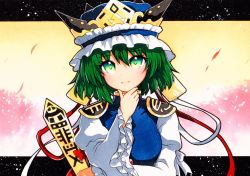 Rule 34 | 1girl, asymmetrical hair, bad id, bad twitter id, blouse, blue vest, breasts, frilled hat, frills, green eyes, green hair, hat, long sleeves, qqqrinkappp, rod of remorse, shiki eiki, shirt, short hair, small breasts, solo, touhou, traditional media, vest, white shirt, wide sleeves