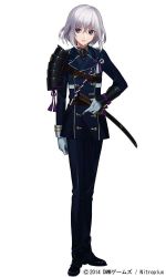 Rule 34 | 10s, 1boy, androgynous, armor, buttons, company name, dated, double-breasted, full body, gloves, honebami toushirou, japanese armor, jpeg artifacts, male focus, military, military uniform, necktie, official art, purple eyes, sheath, sheathed, shoes, short hair, shoulder armor, simple background, sode, solo, standing, sword, tndkworks, touken ranbu, uniform, wakizashi, watermark, weapon, white background