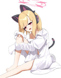 Rule 34 | 1girl, absurdres, animal ear headphones, animal ears, blonde hair, blue archive, blush, cat tail, collarbone, fake animal ears, halo, headphones, highres, looking at viewer, marshal (artist), momoi (blue archive), open mouth, pink halo, red eyes, shirt, short hair, simple background, sleeves past fingers, sleeves past wrists, tail, white background, white shirt