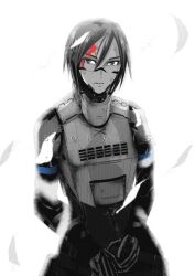 Rule 34 | 1girl, androgynous, android, armor, artist request, black hair, blood, blood on face, chest armor, elster (signalis), expressionless, looking at viewer, mechanical parts, metal skin, non-web source, robot girl, science fiction, short hair, signalis, source request, uniform, white armor