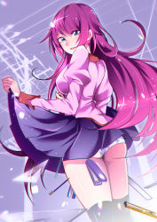 Rule 34 | 1girl, absurdres, ass, bakemonogatari, black socks, blue eyes, blurry, blurry foreground, blush, boxcutter, breasts, chromatic aberration, clothes lift, collar, commentary request, feet out of frame, from behind, hair between eyes, highres, holding, juliet sleeves, kneehighs, large breasts, lens flare, lifting own clothes, long hair, long sleeves, looking at viewer, looking back, mitsuki tayura, monogatari (series), naoetsu high school uniform, nose blush, panties, parted lips, partial commentary, pink shirt, pleated skirt, power lines, print panties, puffy sleeves, purple hair, red collar, ruler, school uniform, senjougahara hitagi, senjougahara pose, shiny skin, shirt, sidelocks, skirt, skirt lift, sleeve cuffs, socks, solo, sparkle, standing, stapler, stationery, thighs, underwear, utility pole, very long hair, wedgie
