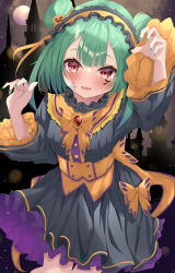 Rule 34 | 1girl, absurdres, azuremo, black dress, blush, bow, commentary request, double bun, dress, facial mark, fang, frilled dress, frilled hairband, frilled sleeves, frills, gem, green hair, green nails, hair bun, hair ornament, hairband, halloween, highres, hololive, jack-o&#039;-lantern, jack-o&#039;-lantern hair ornament, long hair, long sleeves, looking at viewer, moon, nail polish, parted lips, red eyes, red gemstone, solo, uruha rushia, virtual youtuber, wide sleeves, yellow bow