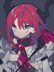 Rule 34 | 10s, 1girl, blue eyes, closed mouth, elizabeth bathory (fate), elizabeth bathory (fate/extra ccc), elizabeth bathory (first ascension) (fate), fate/extra, fate/extra ccc, fate (series), grey background, highres, holding, holding microphone, horns, long hair, long sleeves, looking at viewer, microphone, mochizuki kei, pointy ears, red hair, simple background, smile, solo, upper body