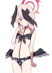 Rule 34 | 1girl, 2week2weak, bikini, black bikini, black bow, black wings, blue archive, blush, bow, closed mouth, commentary, cowboy shot, feathered wings, flat chest, floral print, front-tie bikini top, front-tie top, hair bow, halo, hand up, head wings, highres, koharu (blue archive), koharu (swimsuit) (blue archive), long hair, looking at viewer, low twintails, low wings, navel, official alternate costume, pink eyes, pink hair, pink halo, print bikini, simple background, solo, split mouth, swimsuit, twintails, white background, wings