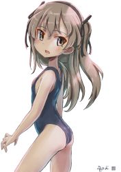 Rule 34 | 1girl, artist name, black ribbon, blue one-piece swimsuit, brown eyes, commentary, cowboy shot, from side, girls und panzer, hair ribbon, highres, kuroneko douji, light brown hair, long hair, looking at viewer, looking back, one-piece swimsuit, one side up, ribbon, school swimsuit, shimada arisu, signature, simple background, solo, standing, swimsuit, white background