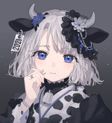 Rule 34 | 1girl, 2021, animal ears, animal print, bell, blue eyes, bracelet, commentary request, cow ears, cow girl, cow horns, cow print, cowbell, ear tag, flower, gem, gradient background, hair flower, hair ornament, hand on own cheek, hand on own face, highres, horns, japanese clothes, jewelry, kimono, light blush, long sleeves, looking at viewer, original, parted lips, pendant, portrait, ring, shirane rine, short hair, simple background, solo, star (symbol), star in eye, symbol in eye, white hair
