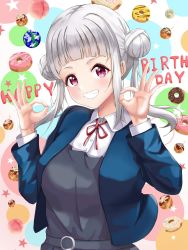 Rule 34 | 1girl, arashi chisato, artist name, artist request, belt, blue cardigan, blue jacket, blush, bow, bowtie, breasts, buttons, cardigan, close-up, collared shirt, cropped jacket, double bun, double ok sign, dress, dress shirt, female focus, floating, floating object, food, grey belt, grey shirt, hair bun, hair tie, highres, jacket, long hair, long sleeves, looking at viewer, love live!, love live! superstar!!, medium breasts, neck ribbon, o-ring, o-ring belt, ok sign, parted lips, red bow, red eyes, red ribbon, ribbon, school uniform, shirt, smile, solo, star (symbol), teeth, twintails, upper body, white hair, white shirt, wing collar, yuigaoka school uniform