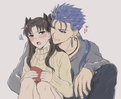 Rule 34 | 1boy, 1girl, black hair, blouse, blue eyes, blue hair, blush, cu chulainn (fate), cu chulainn (fate/stay night), earrings, fate (series), grey background, grey shirt, hetero, highres, holding, jewelry, long hair, mondi hl, open mouth, red eyes, ribbon, shirt, smile, sweater, teeth, tohsaka rin, two side up, upper teeth only
