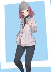 Rule 34 | 1girl, beanie, black pants, black shirt, blue background, casual, cellphone, closed mouth, commentary, drawstring, girls und panzer, grey hat, grey jacket, half-closed eyes, hand in pocket, hat, highres, holding, holding phone, hood, hood down, hoodie, jacket, kakimoto nao, light frown, medium hair, one-hour drawing challenge, orange eyes, pants, partially unzipped, phone, red hair, rosehip (girls und panzer), shirt, smartphone, solo, standing, turtleneck