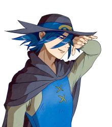 Rule 34 | 1boy, black hat, blue eyes, blue hair, cloak, commentary request, creatures (company), game freak, grey cloak, hair between eyes, half-closed eyes, hand up, hat, highres, hotarina, long sleeves, male focus, nintendo, parted lips, pokemon, pokemon: lucario and the mystery of mew, pokemon (anime), pokemon rse (anime), simple background, sir aaron, smile, solo, white background