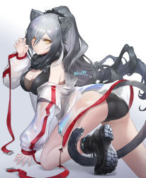 Rule 34 | 1girl, absurdres, all fours, animal ears, arknights, ass, bare shoulders, black hair, black panties, blush, boots, breasts, cat ears, claw pose, cleavage, closed mouth, gradient hair, hair ornament, highres, ku99 (kugugu), large breasts, long hair, looking at viewer, multicolored hair, panties, ponytail, scarf, schwarz (arknights), silver hair, solo, thighs, twitter username, underwear, very long hair, yellow eyes