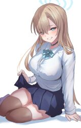 Rule 34 | 1girl, asuna (blue archive), blonde hair, blue archive, blue bow, blue bowtie, blue eyes, bow, bowtie, breasts, choker, clothes lift, highres, large breasts, looking at viewer, metsu end, school uniform, skirt, skirt lift, smile, swept bangs, thick thighs, thighhighs, thighs, white background, zettai ryouiki