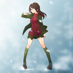 Rule 34 | 10s, 1girl, bad id, bad pixiv id, brown hair, expressionless, full body, girls und panzer, jacket, kamiyu06, kneehighs, long hair, nonna (girls und panzer), pigeon-toed, pleated skirt, pointy ears, profile, skirt, snow, snowing, socks, solo, standing, ueno yu, wind